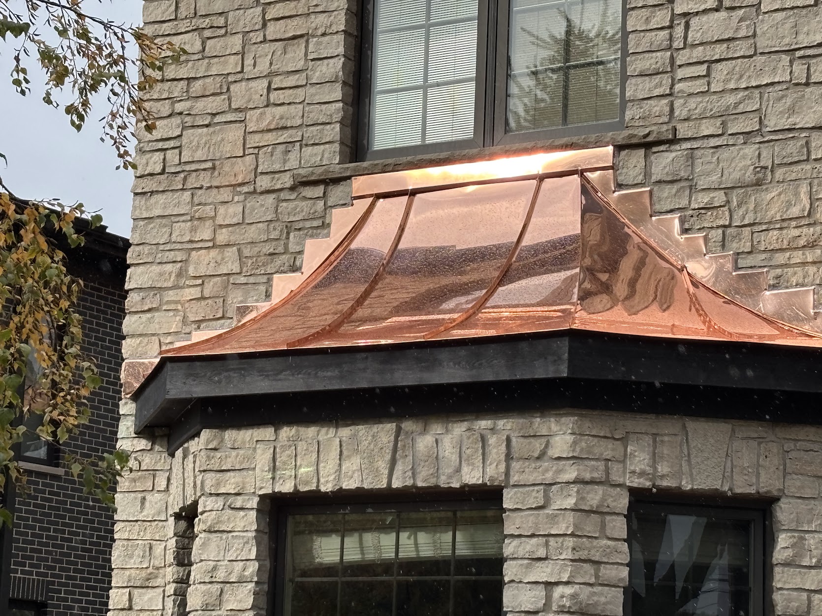 Bay window copper roof replacement in Chicago with copper fascia and flashing